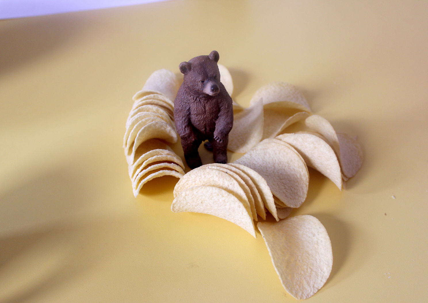 A bear is sitting surrounded by of a pile of crisps.